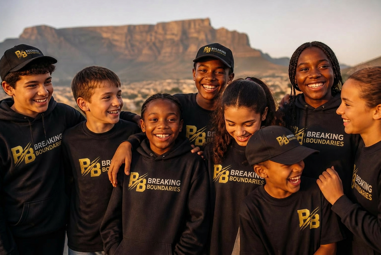 A diverse group of young South Africans in Breaking Boundaries hoodies and caps, Table Mountain in the background